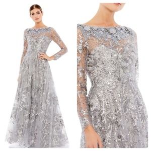 Mac Duggal FLORAL EMBROIDERED ILLUSION LONG SLEEVE GOWN Size 12